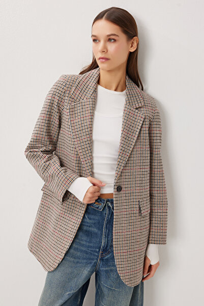 Lovelyİstanbul Jachetă blazer simplă cu carouri din pernițe pentru umeri piese LXA0019 BLACK BONE