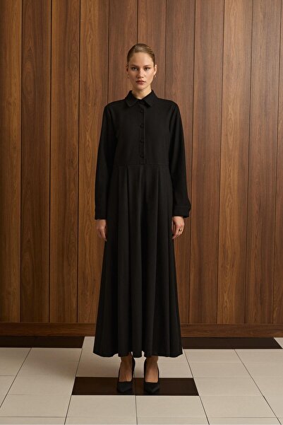 TERZİ DÜKKANI PETRA PİLE DETAYLI ELBİSE SİYAH