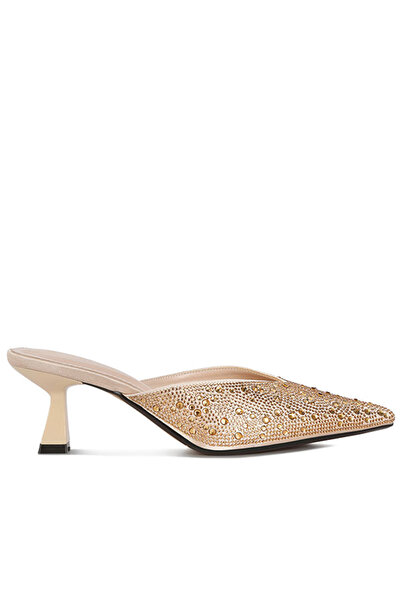 london Rag Women Rhinestones Embellished Satin Mules in Beige Gold