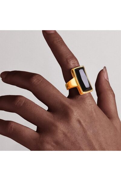 erorex Azonee Vintage Fashion Gold Plated Ring, Stainless Steel Rectangular Black Glass Crystal Ring,...