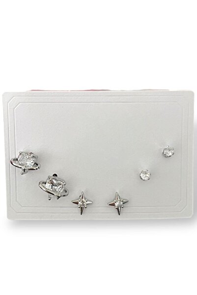 TAKIŞTIR Silver Color Stone Detailed 6-Piece Earring Set