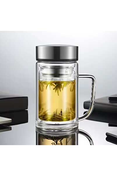 cc bin shihon Double Glass Coffee Mug with Silver Lid / Insulating Cup for Hot and Cold Drinks with Filter, 380ml