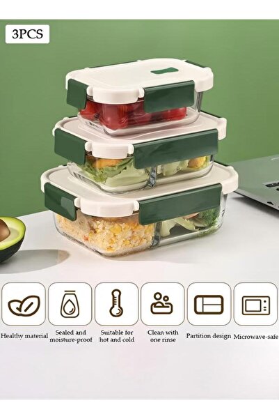 DOMEET 3 PCS Glass Lunch Box, Leak-Proof Bento-Style Food Container with Airtight Lid and Divided