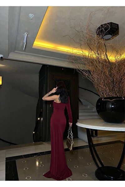 Modafeminen One-Sleeve Detailed Sandy Fabric Dress 583372 Bordo