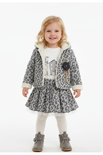 Baray Baby Girl-Child Hooded Cardigan with Fur Inside, Brooch Detail, Elastic Waist Skirt, Badi, Tights Set