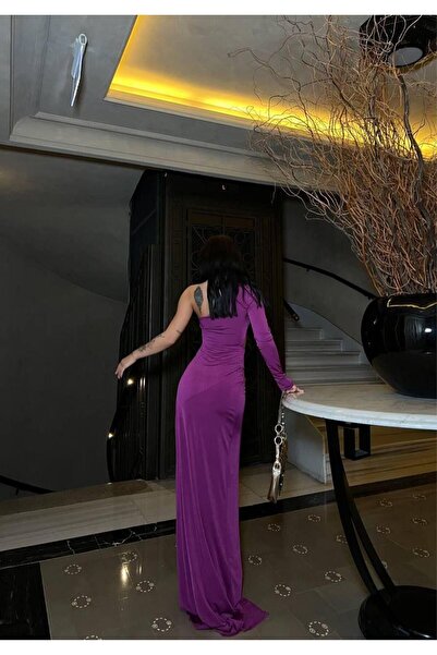 Modafeminen Single Sleeve Detailed Sandy Fabric Dress 583372 Light Purple