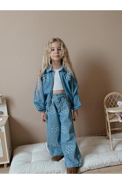 RAPAPA Girl's Floral Embroidered Denim Jacket & Pants Set – 2-Piece Combination 6003