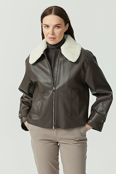 PAULMARK Palton din piele pentru femei cu detaliu la guler