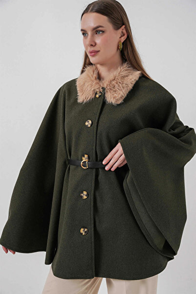 hazelin Women's Khaki Fur Collar Buttoned Belted Cashmere Poncho Hzl25W-Bd191651