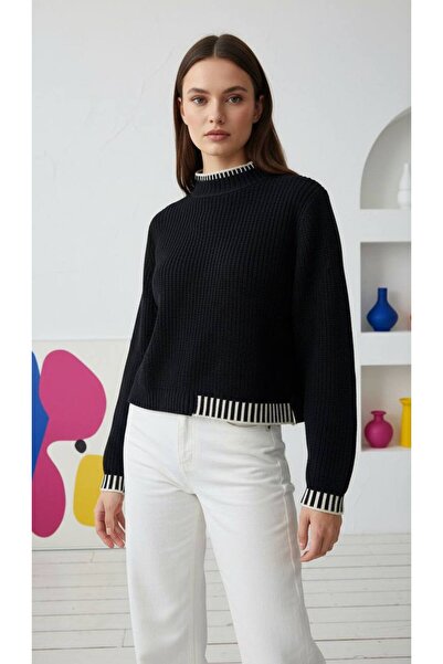 MODA Women's Half Turtleneck Black and White Sweater