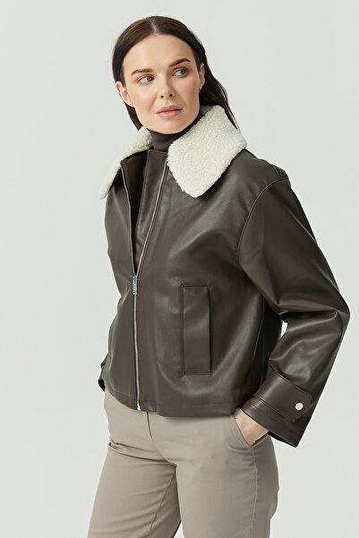 PAULMARK Palton din piele pentru femei cu detaliu la guler