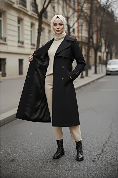 Zeneva Collection Soft Siyah %100 Pamuk Uzun (110CM) Astarlı Kadın Tesettür Trençkot 1111-TES
