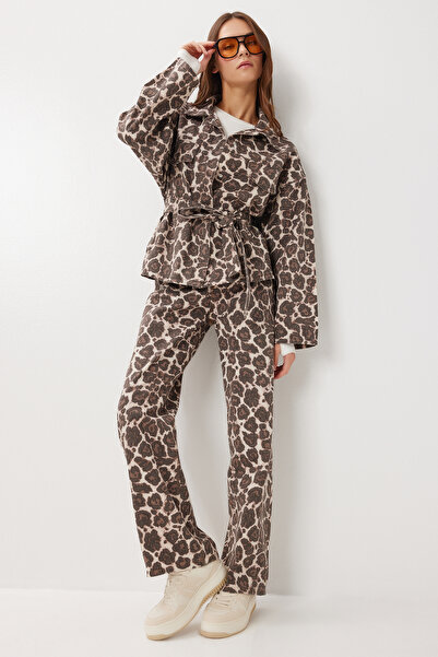 Lovelyİstanbul Leopard Patterned Denim Jacket Pants Set Lri0028 Brown Cream