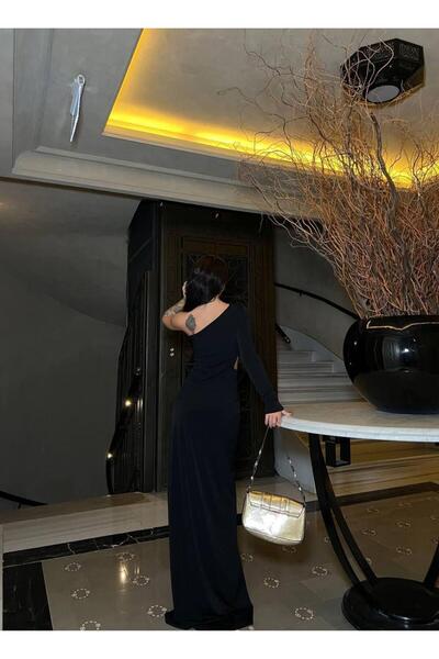 Modafeminen One-Sleeve Detailed Sandy Fabric Dress 583372 Black