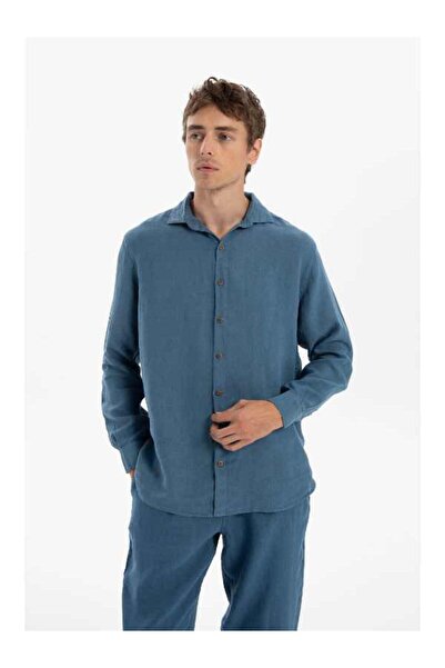 İpekçi Otantik Men's 100% Linen Shirt Indigo Long Sleeve Comfortable Fit Flow...