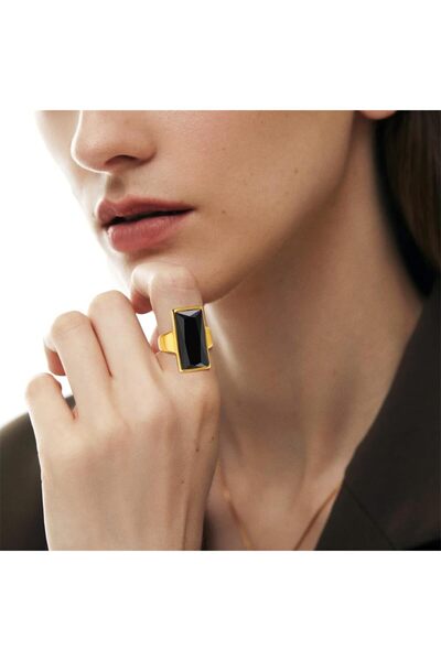 erorex Azonee Vintage Fashion Gold Plated Ring, Stainless Steel Rectangular Black Glass Crystal Ring,...