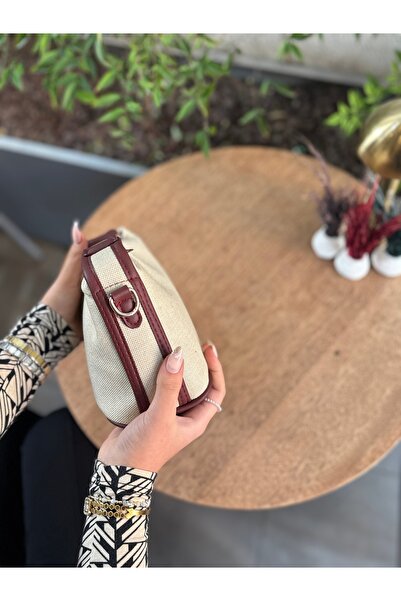 bahwar Gold Kilit Linen Women's Bag Burgundy