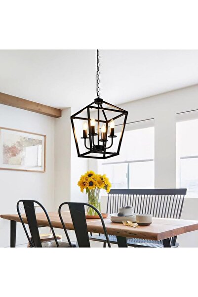 YESMAX ثريا بأربعة مصابيح، مصابيح فانوس سوداء، ارتفاع قابل للتعديل، مصباح معلق، لمبة متضمنة