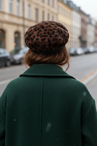 Külah Women's Premium Leather Trimmed Fur Cap Hat - Leopard Pattern