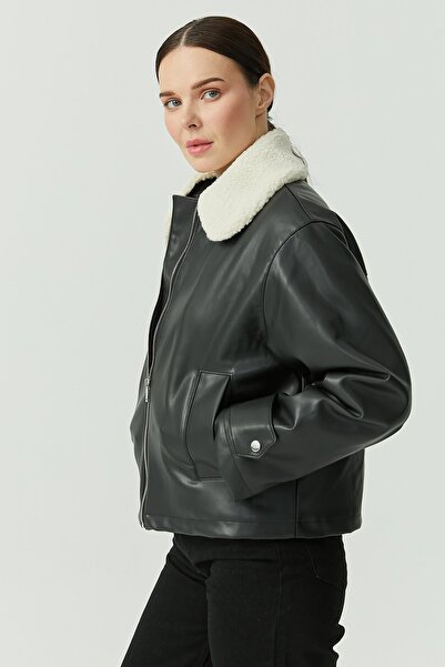 PAULMARK Palton din piele pentru femei cu detaliu la guler