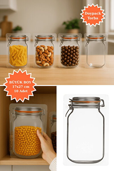 Plas+Plus Elit Kavanoz Tasarım Kilitli Şeffaf Doypack Kahve Kuruyemiş Bakliyat Saklama Torbası 17x27 cm 10Lu