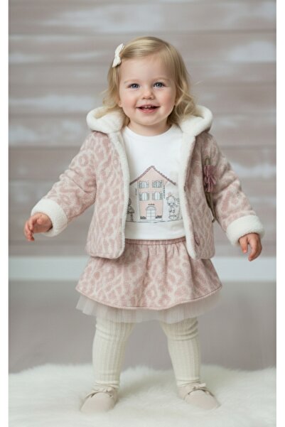 Baray Baby Girl-Child Hooded Cardigan with Fur Inside, Brooch Detail, Elastic Waist Skirt, Badi, Tights Set