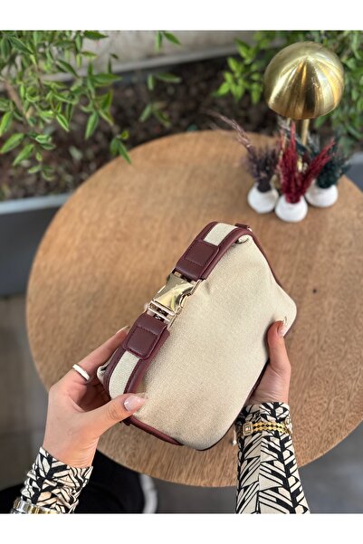 bahwar Gold Kilit Linen Women's Bag Burgundy