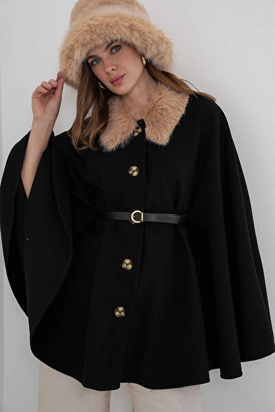 hazelin Women's Black Fur Collar Buttoned Belted Cashmere Poncho Hzl25W-Bd191651