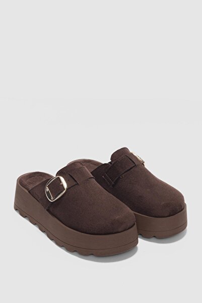 selin shoes Chory High Sole Buckle Women's Slippers-Brown Suede