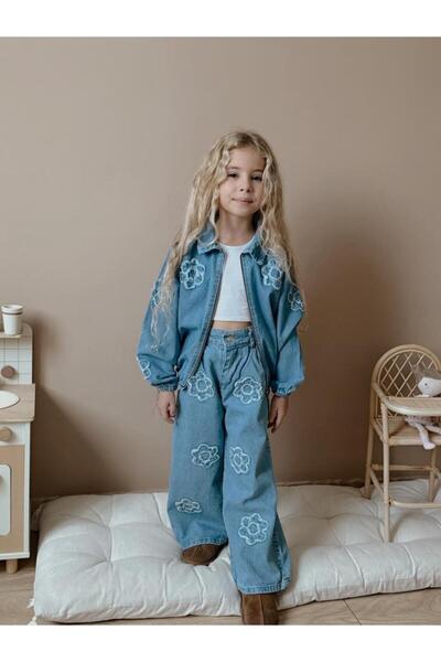 RAPAPA Girl's Floral Embroidered Denim Jacket & Pants Set – 2-Piece Combination 6003