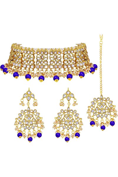 erorex Aheli Elegant Indian Wedding Wear Faux Kundan Studded Choker Necklace with Maang Tikka Set...