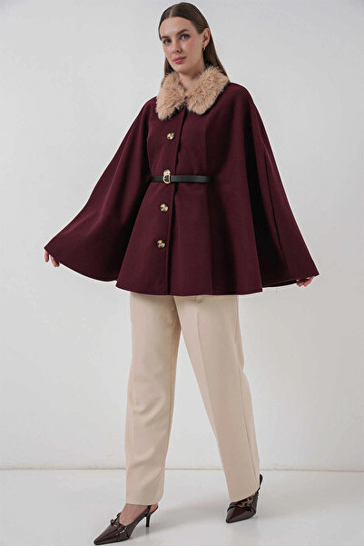 hazelin Women's Plum Collar Fur Buttoned Belted Cashmere Poncho Hzl25W-Bd191651