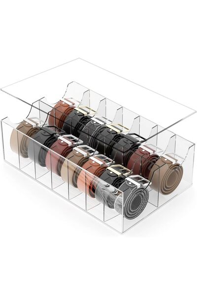 Slasa Large Clear Acrylic Belt Organizer with Dust Cover, 14-Compartment Stor...