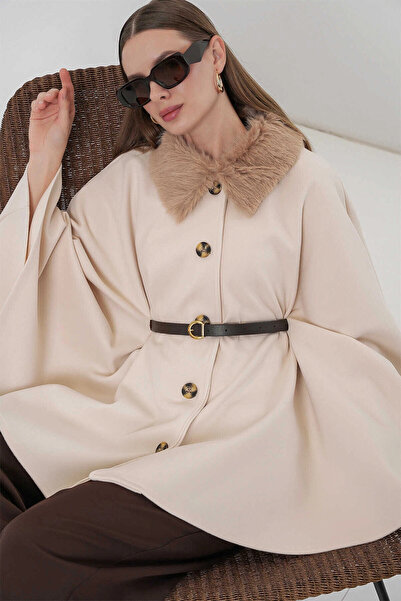 hazelin Women's Cream Collar Fur Buttoned Belted Cashmere Poncho Hzl25W-Bd191651
