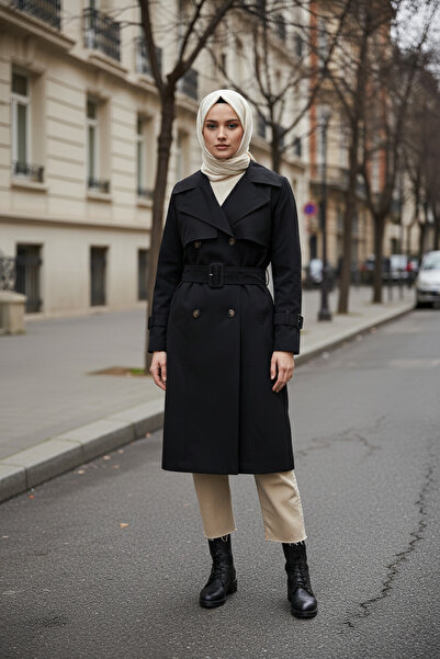 Zeneva Collection Soft Siyah %100 Pamuk Uzun (110CM) Astarlı Kadın Tesettür Trençkot 1111-TES