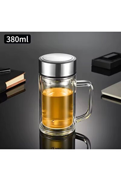 cc bin shihon Double Glass Coffee Mug with Silver Lid / Insulating Cup for Hot and Cold Drinks with Filter, 380ml