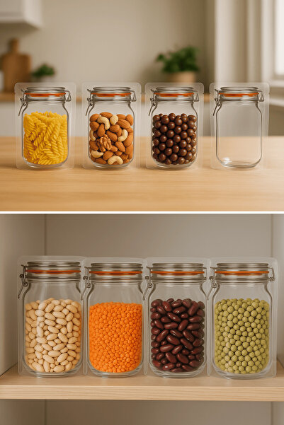 Plas+Plus Elit Kavanoz Tasarım Kilitli Şeffaf Doypack Kahve Kuruyemiş Bakliyat Saklama Torbası 17x27 cm 20Li