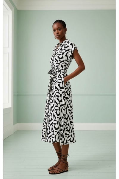 Eight Fashion Women's Black and White Geometric Patterned Belted Midi Dress