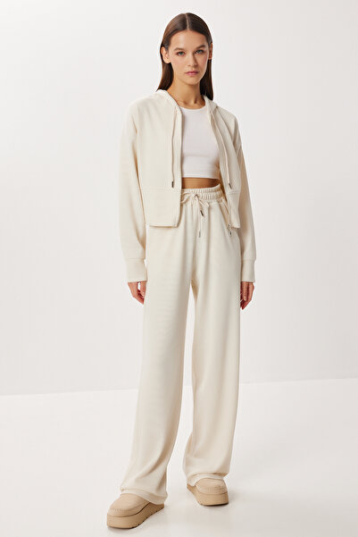 Lovelyİstanbul Hooded Zippered Knitted Top and Bottom Set Lci0049 Cream