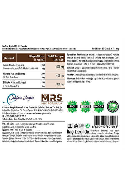 Canfeza Sezgin MRS MIX FORMULA 60 Kapsül – Maitake Mantarı & Reishi Mantarı & Shiitake Mantarı Ekstresi Üçlü Kompleksi