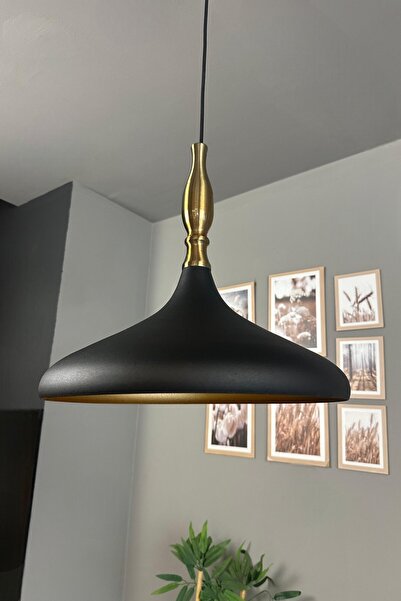 Bamyum Champion Siyah İç Gold Eskitme Simya Başlık Tekli Avize Sarkıt Salon M...