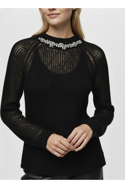 lamea Kadın Triko Kazak -Yılbaşı Kazağı– Yakası Taşlı – Yumuşak Dokulu – Kışl...