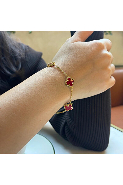 Amora Perla Jewelry Kırmızı Yonca Model Gümüş Altın Kaplama Bileklik