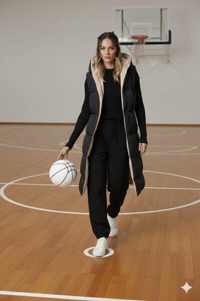 Hb Harma Time Butik Women's Double-Sided Hooded Pocket Cream-Black Vest