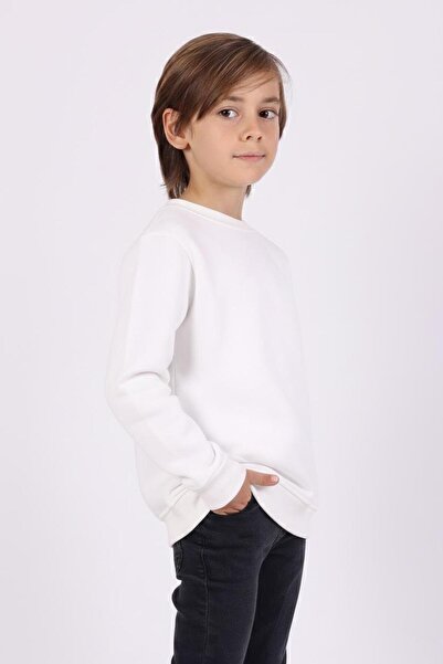 Rekormoda Unisex Basic Men's Sweatshirt Crew Neck 3-Thread Fleece-Lined Basic Girls' Sweatshirt 5-14 Years Old Ecru