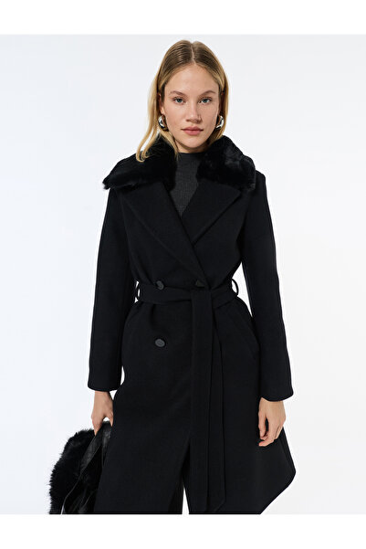 Koton Faux Fur Collar Coat with Cashmere Belt Long Sleeves