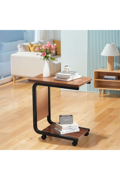 CHOIWIN 【Wood Grain C-Shaped Mobile Side Table with Wheels】3-Layer Storage Rolling End Table with Side Pocke