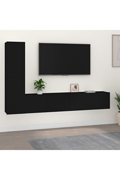 vidaxl طقم خزانة تلفزيون من 4 قطع من الخشب الهندسي الأسود