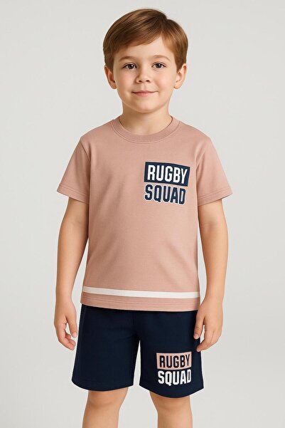 RAPAPA Rugby Squad Printed Boys' Shorts Set - Mink Top Navy Blue Bottom 25213