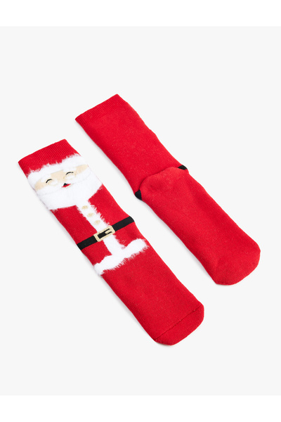 Koton Santa Claus Printed Feather Detailed Cotton Towel Socks